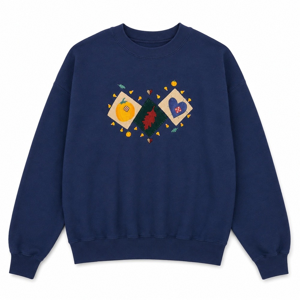 Jerzees Patchwork Pumpkin Leaf Heart Sweatshirt XL Navy Excellent Fall Autumn